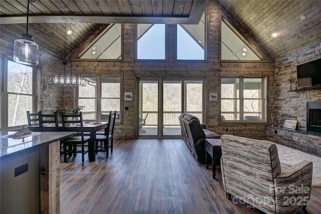 601 Tater Patch Rd, Maggie Valley, NC 28751 - living area featuring high vaulted ceiling, a wood ceiling with exposed beams, dark wood finished floors, and a chandelier