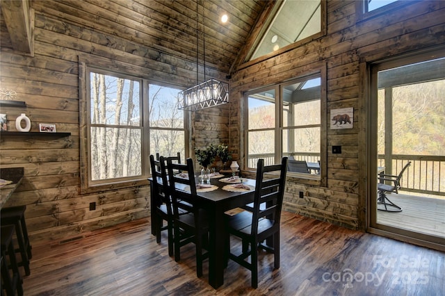 601 Tater Patch Rd, Maggie Valley, NC 28751 - dining area with wooden walls, healthy amount of natural light, high vaulted ceiling, a chandelier, and dark wood finished floors