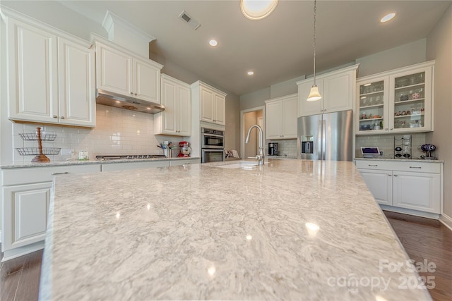kitchen with a sink, under cabinet range hood, tasteful backsplash, visible vents, and appliances with stainless steel finishes