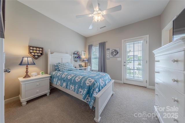 bedroom featuring access to exterior, light carpet, ceiling fan, baseboards, and visible vents