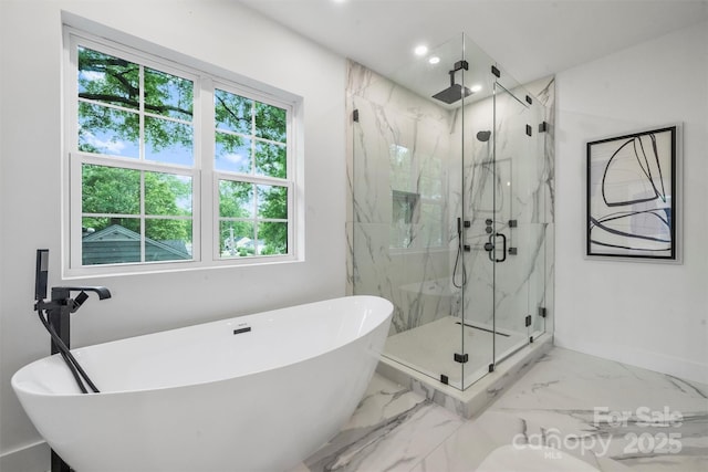 full bathroom with baseboards, recessed lighting, marble finish floor, a soaking tub, and a marble finish shower