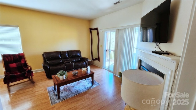 93 Foxden Dr Unit 101, Fletcher, NC 28732 - living area featuring light wood finished floors, baseboards, and a fireplace