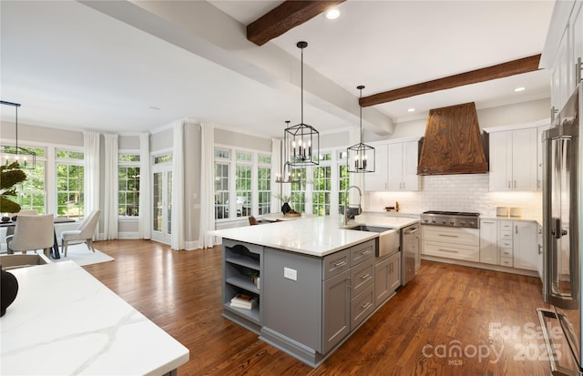kitchen with premium range hood, gray cabinetry, appliances with stainless steel finishes, and plenty of natural light
