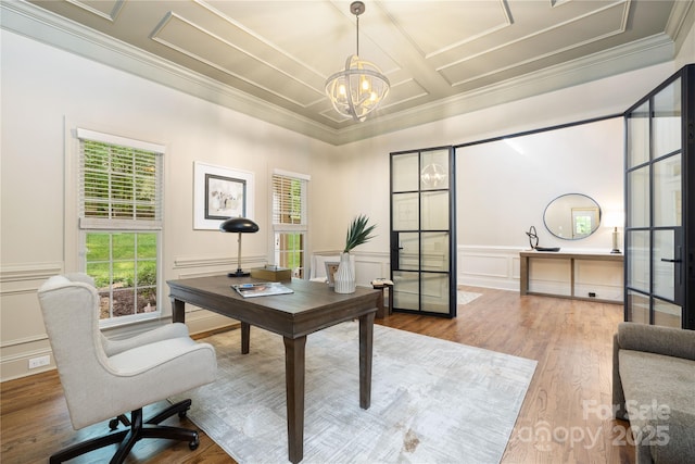 office featuring crown molding and a notable chandelier