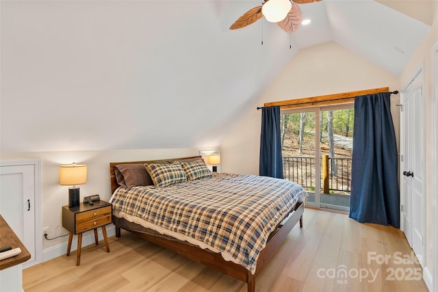 bedroom with access to outside, a ceiling fan, vaulted ceiling, and light wood-style flooring