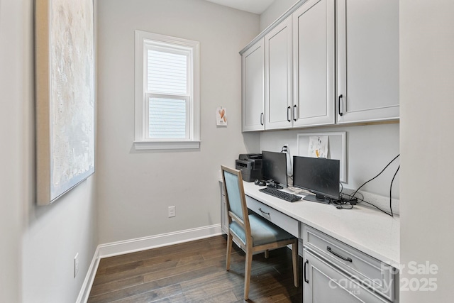 office space featuring baseboards, dark wood finished floors, and built in desk