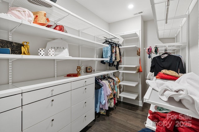 spacious closet featuring dark wood-style flooring and visible vents