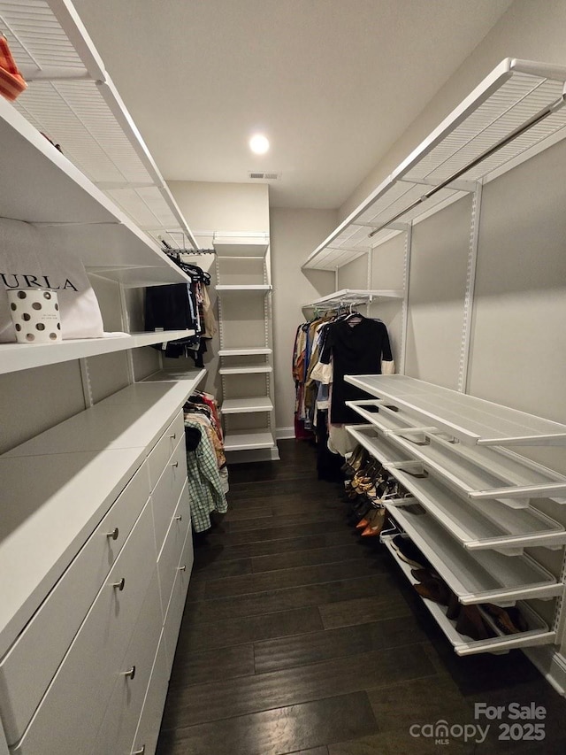 walk in closet with visible vents and dark wood finished floors