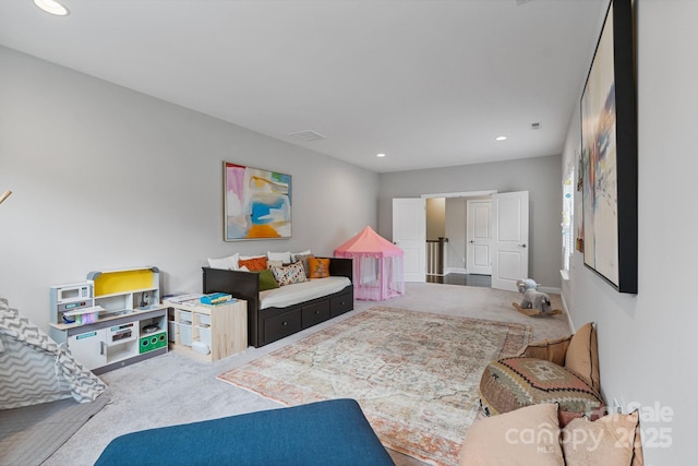 game room with carpet floors and recessed lighting