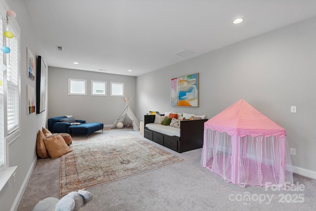 playroom featuring baseboards, carpet flooring, recessed lighting, and visible vents