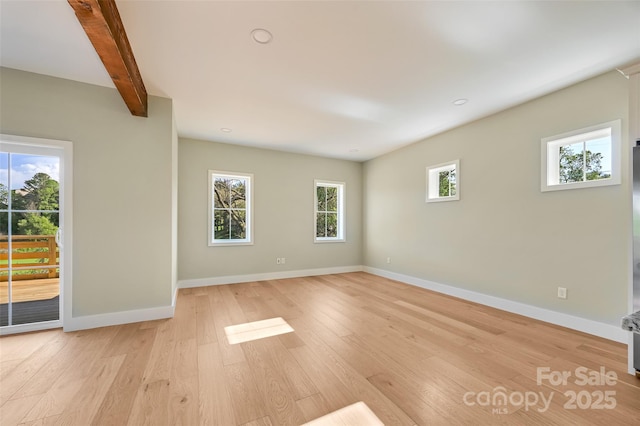 unfurnished room featuring baseboards, recessed lighting, wood finished floors, and beamed ceiling
