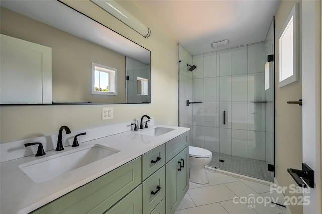 bathroom featuring tile patterned flooring, a sink, a stall shower, and toilet
