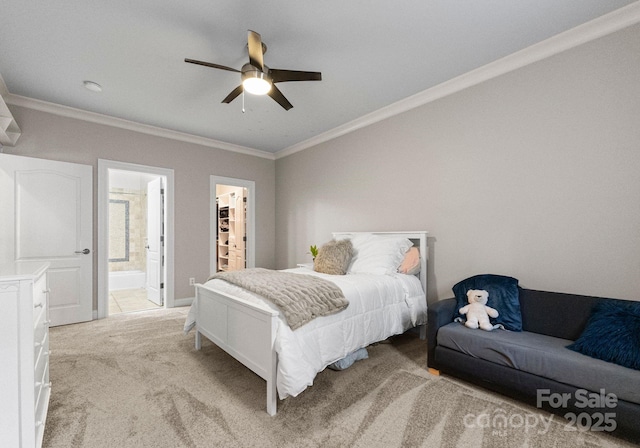 2915 Cutter Ct, Waxhaw, NC 28173 - bedroom featuring light carpet, crown molding, a spacious closet, ensuite bathroom, and a ceiling fan
