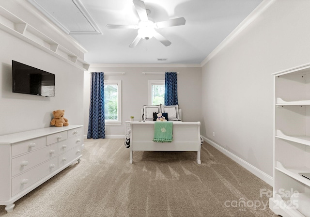 2915 Cutter Ct, Waxhaw, NC 28173 - bedroom featuring attic access, light carpet, baseboards, crown molding, and a ceiling fan