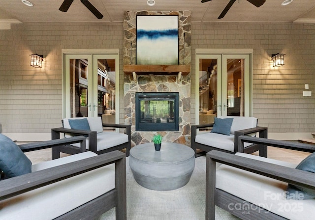 2915 Cutter Ct, Waxhaw, NC 28173 - view of patio / terrace with french doors, ceiling fan, and an outdoor living space with a fireplace