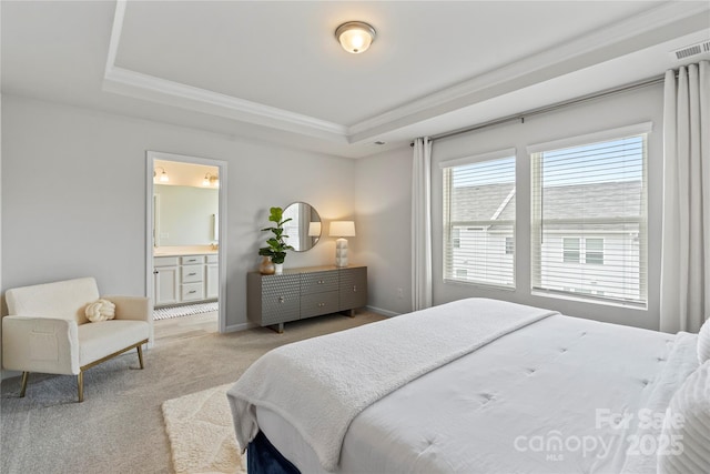 15622 Little Bluestem St, Charlotte, NC 28278 - bedroom featuring a raised ceiling, crown molding, light carpet, ensuite bath, and baseboards