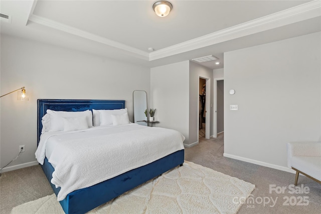 15622 Little Bluestem St, Charlotte, NC 28278 - bedroom with carpet floors, a tray ceiling, baseboards, ornamental molding, and recessed lighting