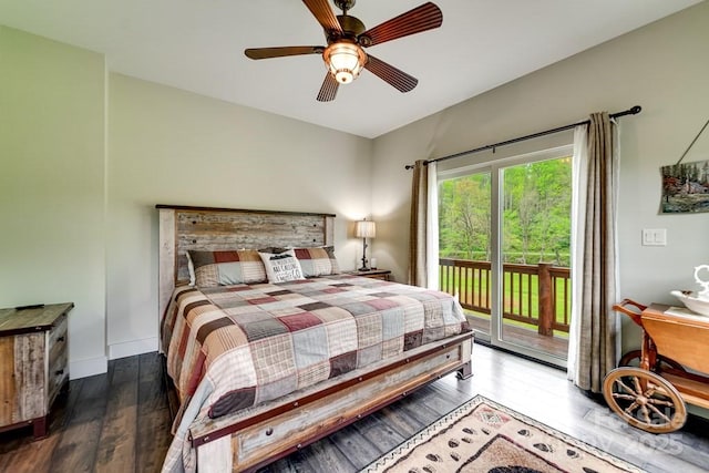 bedroom with baseboards, a ceiling fan, hardwood / wood-style floors, and access to exterior