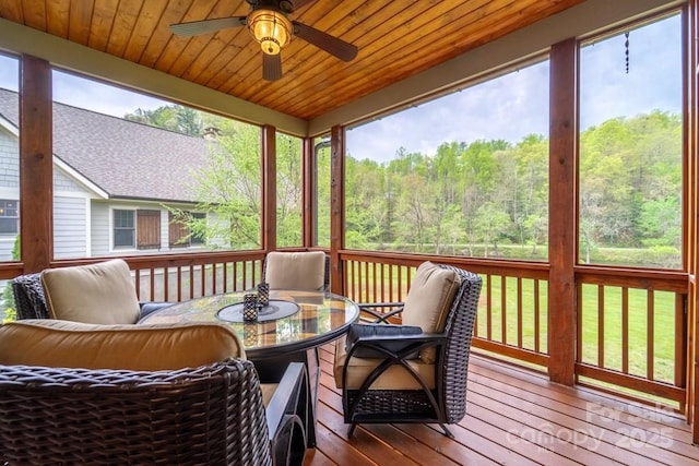 sunroom / solarium featuring a wooded view and a ceiling fan