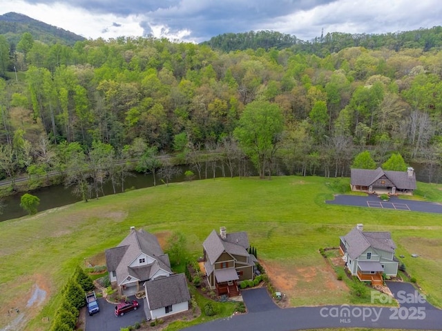 bird's eye view with a water view and a wooded view