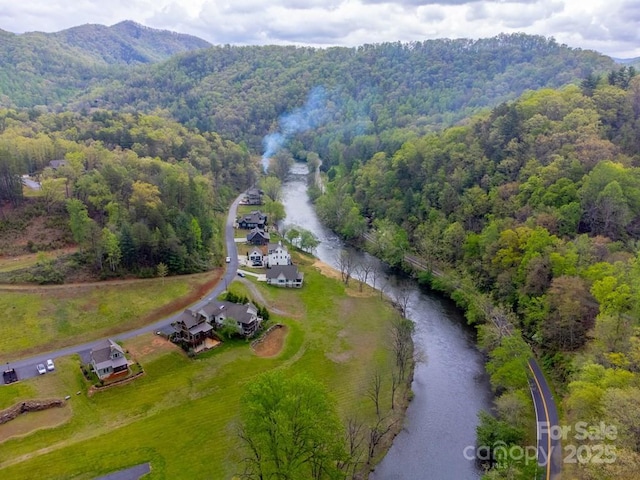 drone / aerial view with a wooded view and a mountain view