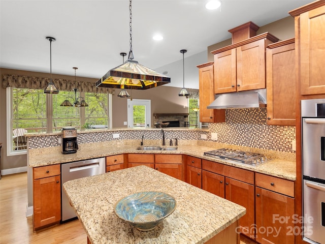 kitchen featuring a sink, appliances with stainless steel finishes, light wood-style floors, under cabinet range hood, and backsplash