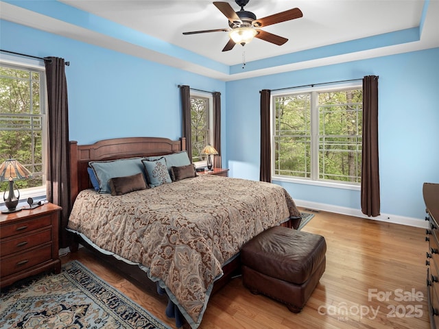 bedroom with baseboards, wood finished floors, multiple windows, and a tray ceiling