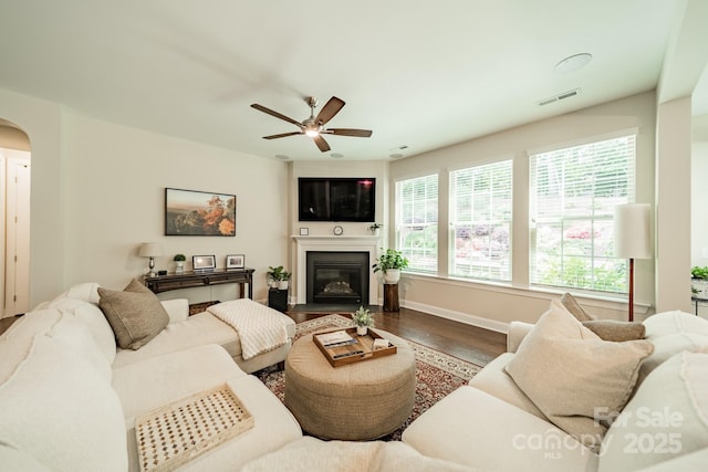16507 Palisades Commons Dr, Charlotte, NC 28278 - living area featuring arched walkways, a glass covered fireplace, wood finished floors, a ceiling fan, and baseboards
