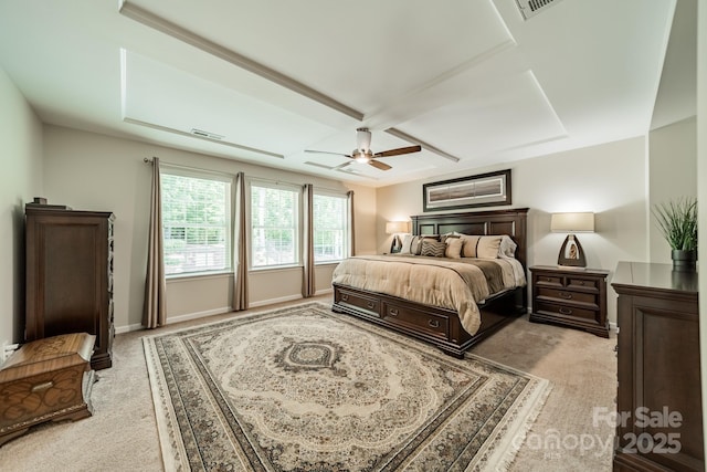 16507 Palisades Commons Dr, Charlotte, NC 28278 - bedroom featuring light colored carpet, coffered ceiling, ceiling fan, and baseboards