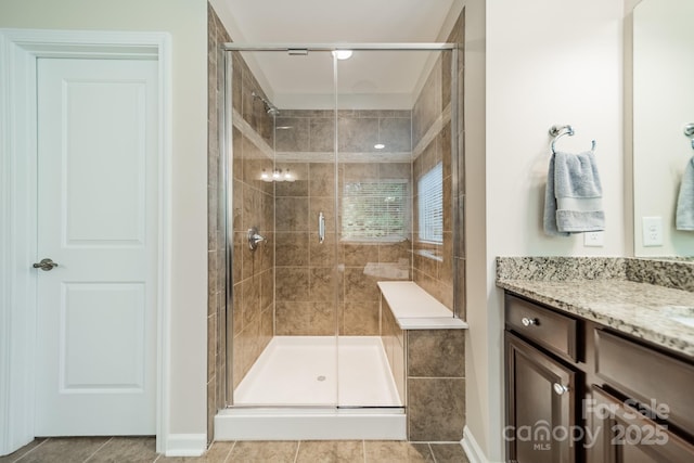 16507 Palisades Commons Dr, Charlotte, NC 28278 - full bath with a shower stall, vanity, baseboards, and tile patterned flooring