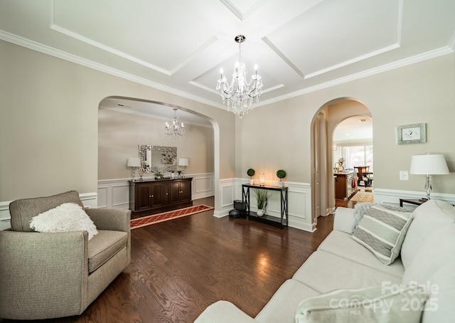 16507 Palisades Commons Dr, Charlotte, NC 28278 - living room with a chandelier, arched walkways, coffered ceiling, wood finished floors, and ornamental molding
