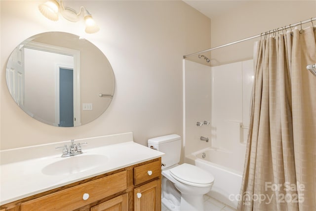 full bath featuring vanity, shower / bathtub combination with curtain, tile patterned floors, and toilet