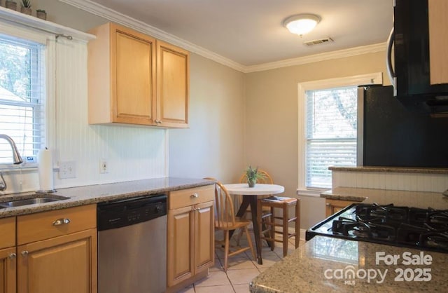 kitchen featuring stainless steel dishwasher, a sink, light tile patterned flooring, crown molding, and light stone countertops