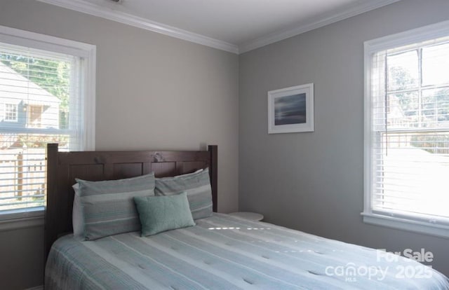bedroom with crown molding