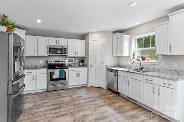 kitchen featuring a sink, appliances with stainless steel finishes, white cabinets, and recessed lighting