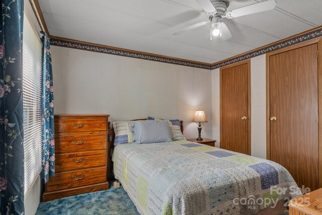 bedroom with a ceiling fan, multiple closets, and dark colored carpet