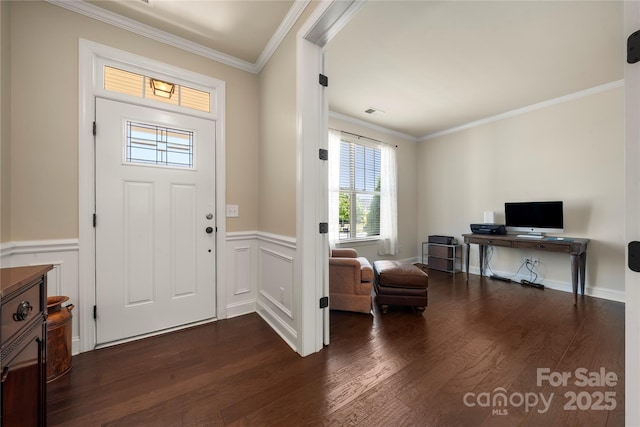 199 Blossom Ridge Dr, Mooresville, NC 28117 - entrance foyer with crown molding, wainscoting, dark wood-style floors, and visible vents
