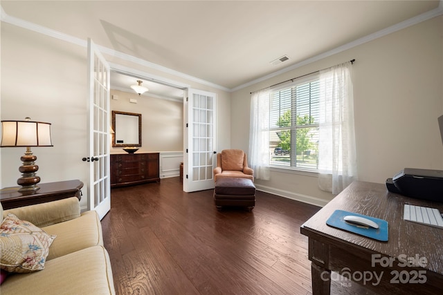 199 Blossom Ridge Dr, Mooresville, NC 28117 - interior space with dark wood-style flooring, ornamental molding, and french doors