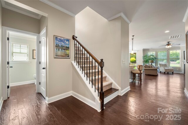 199 Blossom Ridge Dr, Mooresville, NC 28117 - staircase with visible vents, crown molding, wood finished floors, baseboards, and a ceiling fan