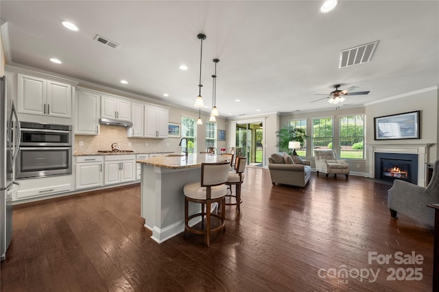 199 Blossom Ridge Dr, Mooresville, NC 28117 - kitchen with a sink, ornamental molding, open floor plan, and visible vents