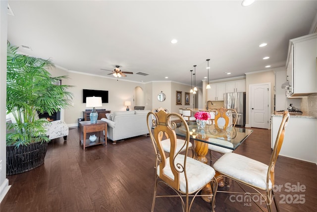 199 Blossom Ridge Dr, Mooresville, NC 28117 - dining space with ceiling fan, visible vents, crown molding, dark wood finished floors, and recessed lighting