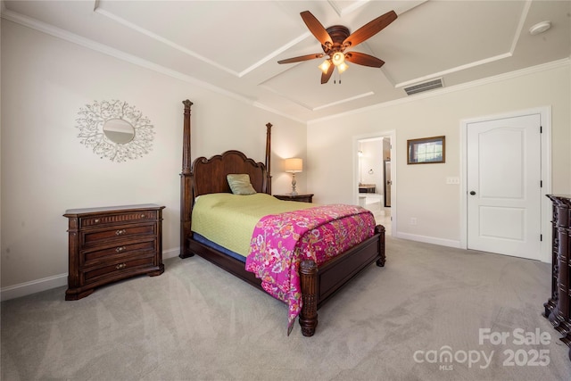 199 Blossom Ridge Dr, Mooresville, NC 28117 - carpeted bedroom featuring connected bathroom, baseboards, visible vents, and ornamental molding