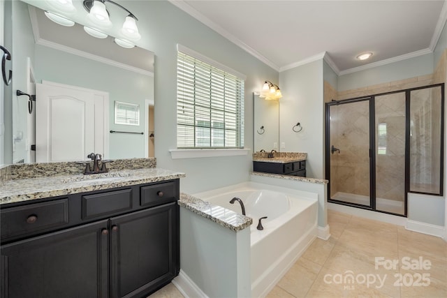 199 Blossom Ridge Dr, Mooresville, NC 28117 - bathroom featuring crown molding, a sink, two vanities, a shower stall, and a bath