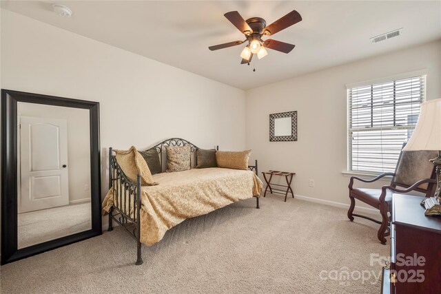 199 Blossom Ridge Dr, Mooresville, NC 28117 - bedroom featuring visible vents, baseboards, ceiling fan, and light colored carpet