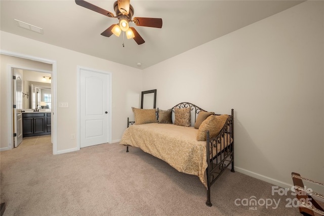199 Blossom Ridge Dr, Mooresville, NC 28117 - bedroom featuring baseboards, visible vents, light carpet, and ceiling fan