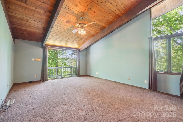 carpeted spare room with vaulted ceiling with beams, ceiling fan, visible vents, and wood ceiling