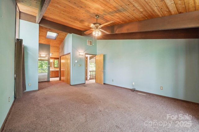 unfurnished bedroom featuring visible vents, wooden ceiling, high vaulted ceiling, beamed ceiling, and carpet floors