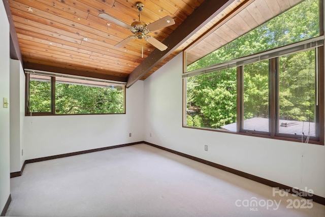 carpeted spare room featuring baseboards, ceiling fan, a healthy amount of sunlight, and wood ceiling