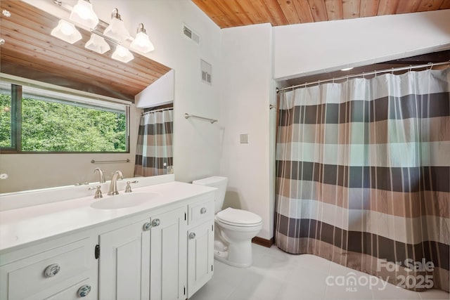 bathroom with wood ceiling, vanity, toilet, and visible vents
