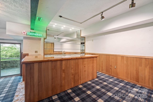 kitchen with a textured ceiling, wainscoting, wood walls, rail lighting, and dark colored carpet